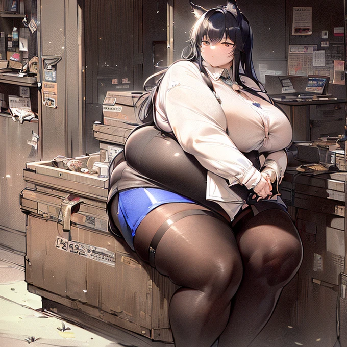  super high resolution , 最  High Quality  ,  super detailed, 4K,  1 girl, (8k,  High Quality  ,  Masterpiece  , 最  High Quality  ,  super detailed, Detailed aspects , Delicate hands,  one woman,  one woman ,  one girl, Texas (  Arknights  ), Alone,  animal ears  , ロング  black hair  ,  black hair  ,Inside the house, Extremely Obese Body ,特大のBig Breasts, 特大Big Breasts,  huge thighs  , ((Big Breasts, Big Breasts,  huge thighs  , Big belly ))  Dynamic Poses  ,Big belly
