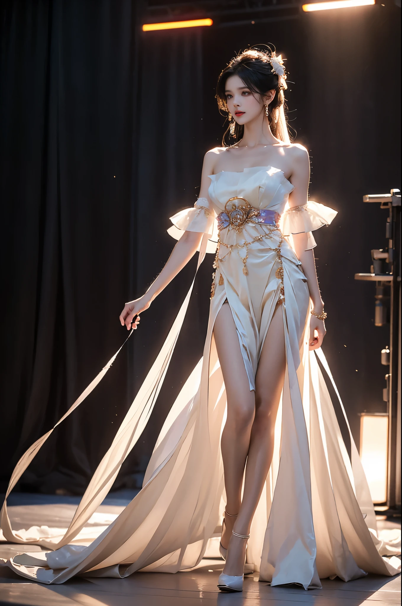 guqinghan, jrys,
high heels,bare shoulders, see-through, jewelry,strapless, collarbone, bracelet, off shoulder,earrings, bow,cleavage, tube dress, strapless dress ,, ((3/4 shot:1.3)), (from below:1.2), (1girl solo), A stunningly beautiful model on a runway stage, (Full breasts, visible cleavage, very short hemlines, revealing smooth thighs), (Warm colors, warm soft lighting), hyperrealistic, confidently walking down a fashion show runway with long, slender, and well-proportioned legs. The model's posture is perfect, exuding elegance and allure, with a fluid and dynamic walking pose. with intricate textures and professional tailoring. The runway is illuminated by dramatic, cinematic lighting, surrounded by a surreal atmosphere of ethereal spotlights and soft, dreamy colors. High-quality details, hyperrealistic textures, HDR quality, correct anatomy, professional fashion photography style, cinematic composition, elegant and classy, photorealistic, ultra-detailed, a perfect blend of realism and artistic expression.