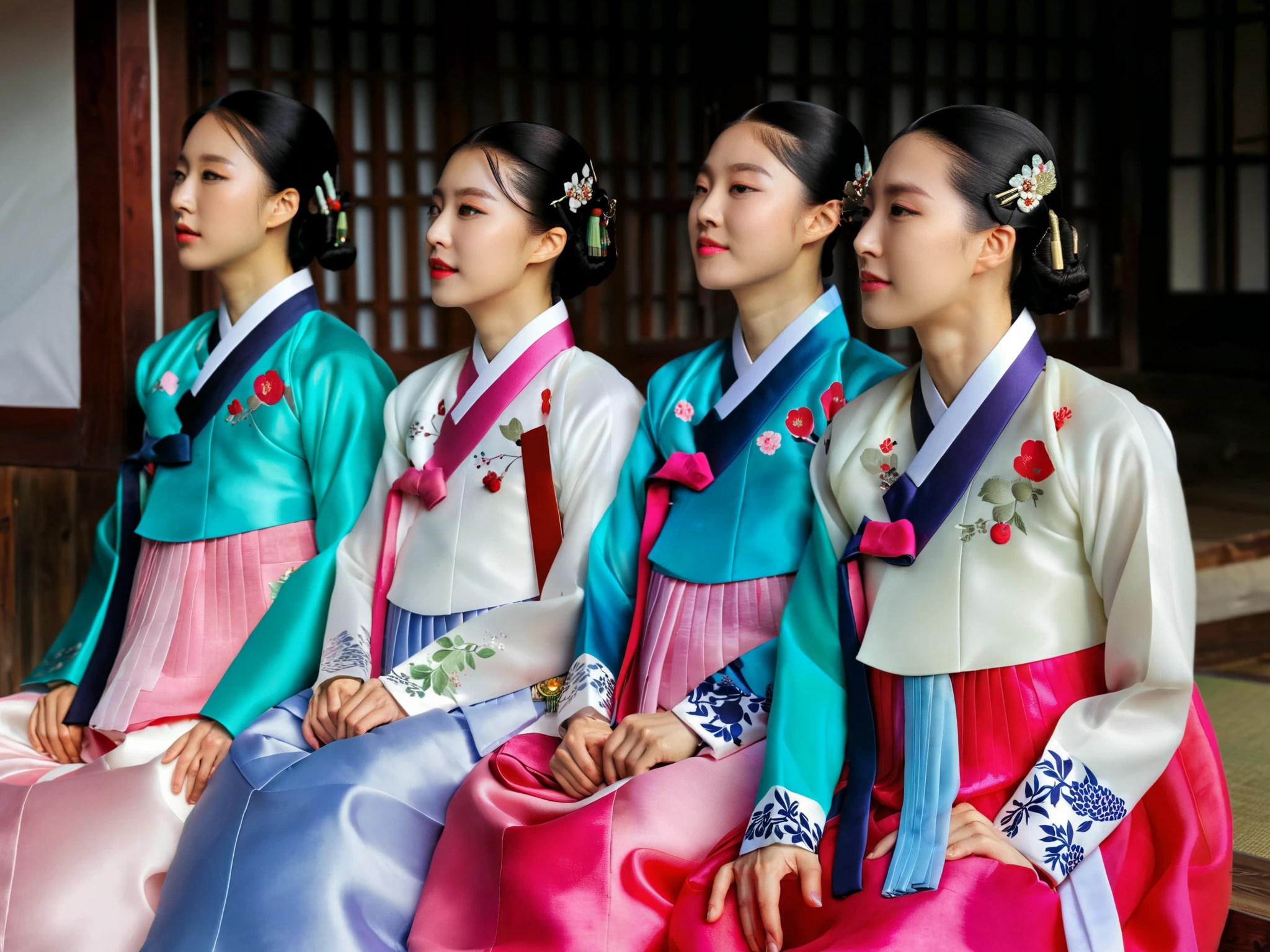 4 Korean men are wearing hanbok for women, all hanbok with the same design , they are all female men , they all have big breasts like women , they all have masculine faces and hairstyles , pink and white hanbok , luxury hanbok made of silk , Short hanbok jacket , Sitting position