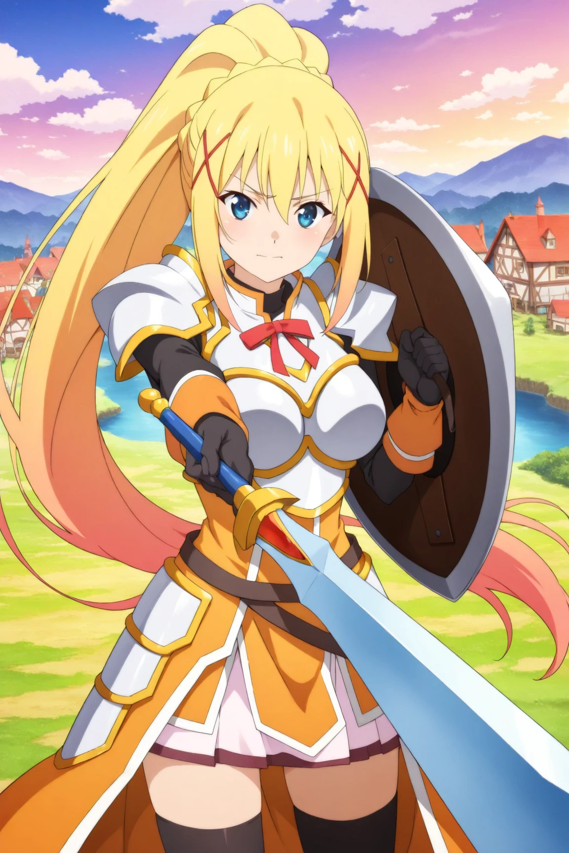 A woman wearing tight black clothing, white armor with orange details, blonde hair, ponytail hair, blue eyes, smiling, holding a medieval sword,walking in a fantasy forest.,full body, stereogram, tachi-e, point of view, atmospheric perspective, 8k, superdetail, accurate, best quality, award-winning, textured skin, high resolution, anatomically correct, bokeh effect, ((woman solo).
