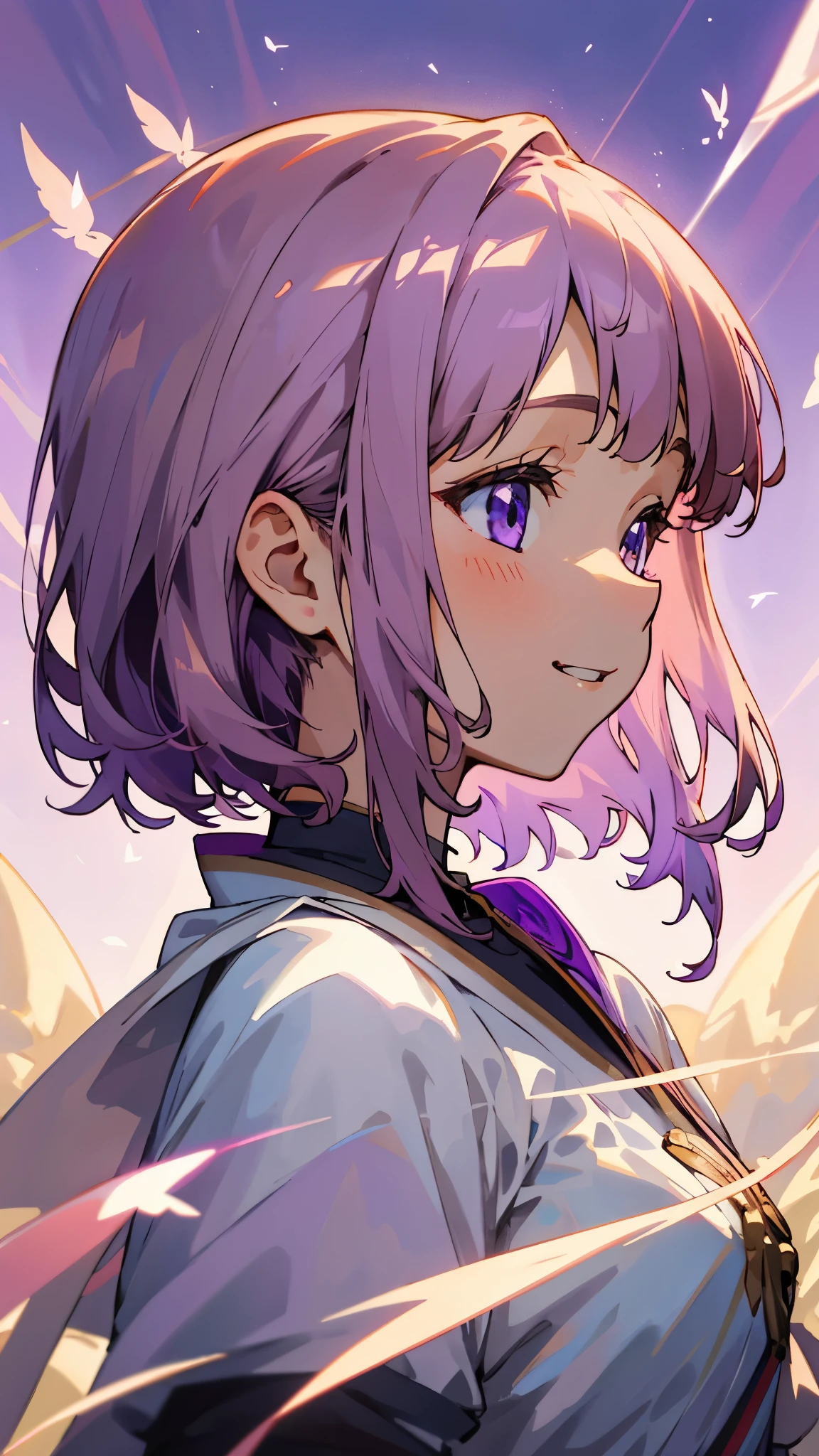 （ top quality、masterpiece、 surreal）、 beautiful light brown hair、Beautiful purple beautiful eyes、 purple shorthair 、Transparent Hair、Translucent hair、smile、profile、 upper body、 Portrait of a Beautiful and Delicate Girl、Playful and cute、Fluttering Petals Background 、