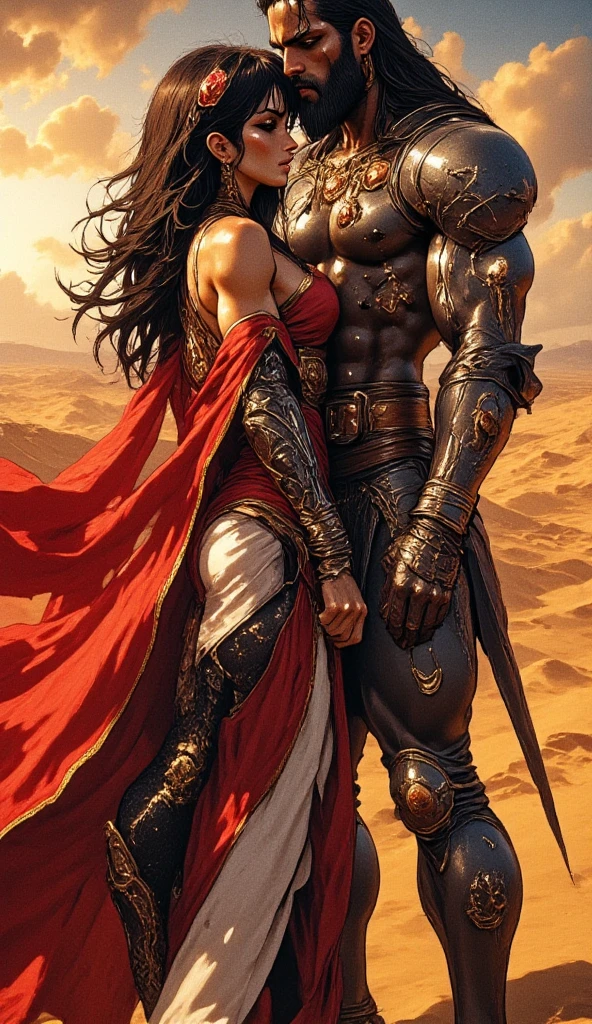 "A muscular ancient Arabian knight with flowing black hair and a well-groomed beard, dressed in intricate, gold-embellished ancient Arabian armor, embraces a stunning Japanese female warrior in erotic Japanese attire, her black silky hair with bangs framing her face. They stand on a sand dune under a fiery desert sunset, with the wind softly blowing their garments. The scene is romantic, passionate, and detailed in cinematic realism."

