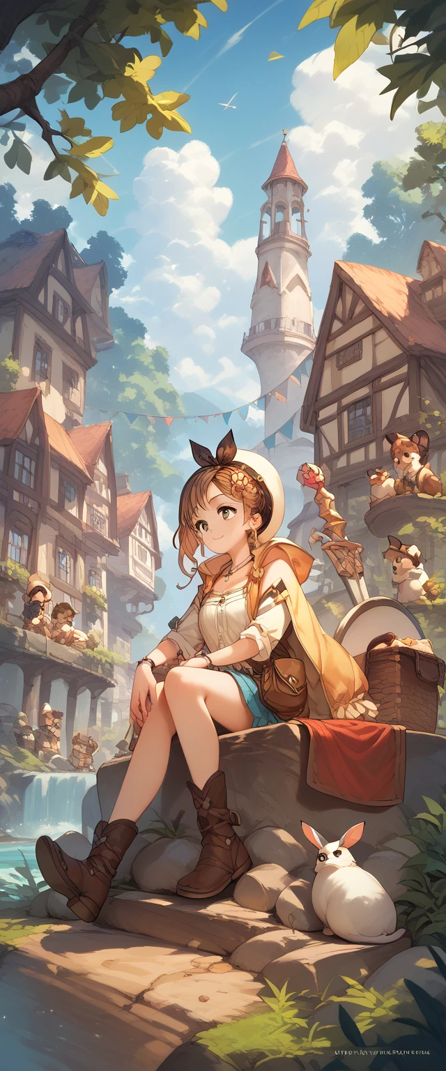  wearing hats , brown hair with a large shield, cute,Liza,sitting on a rock