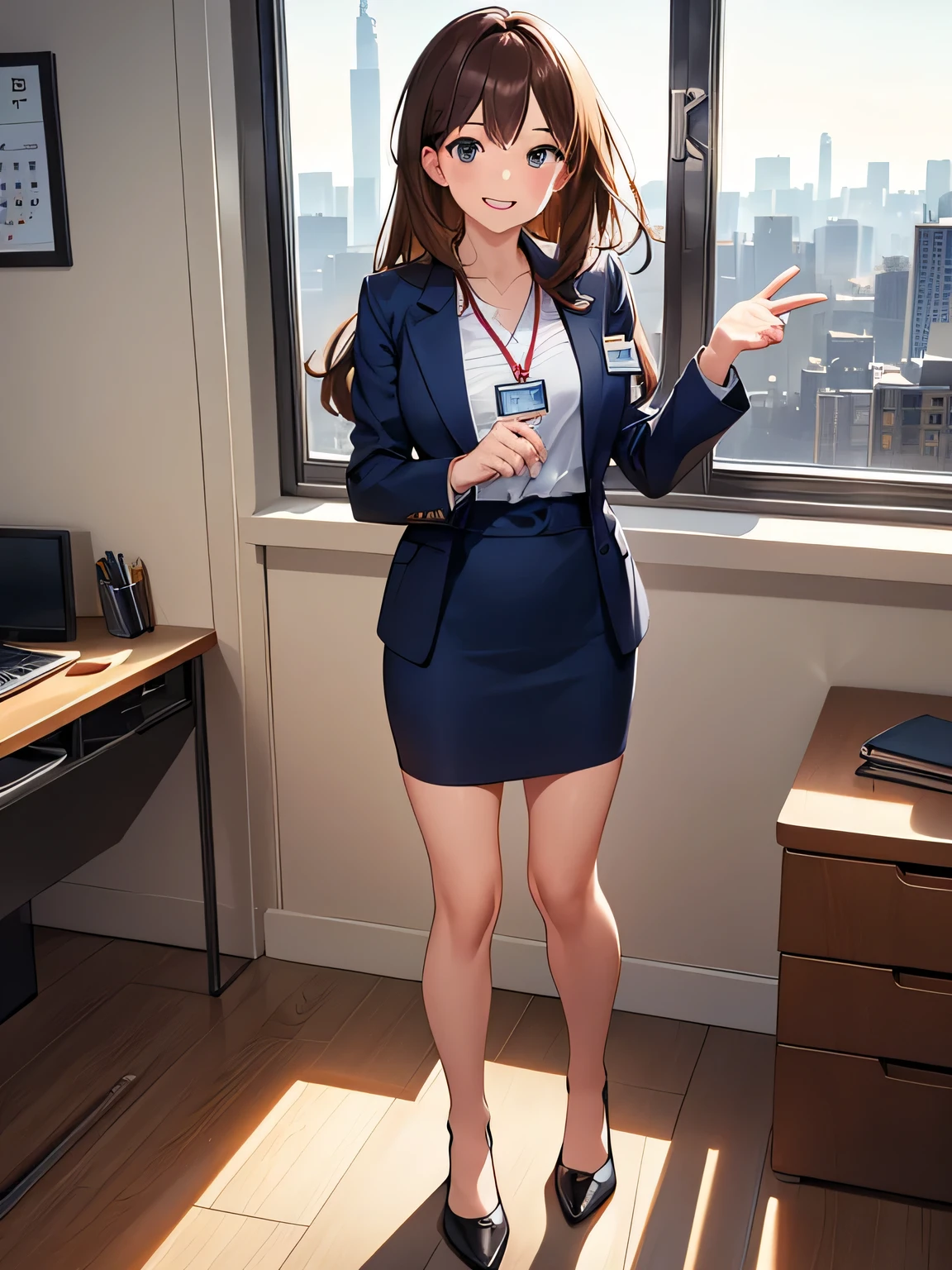 Highest quality, best quality, 1080p, 8K, masterpiece, first class, (perfect, well-formed face), straight on, (full body), one person, depicts professional people working in an office environment. One is holding a pen and posing strongly. Posed with right arm raised, palm at shoulder level, modern navy blue recruit suit jacket, navy blue skirt, small chest, (red string around neck), (employee ID card in clear plastic case), brown hair, modern desk with recruit posters and calendar, urban skyline in background, Soft natural light illuminating the room, highest resolution, recruiter's smile, serious expression and full smile shows motivation and desire for career advancement, wide open mouth smile