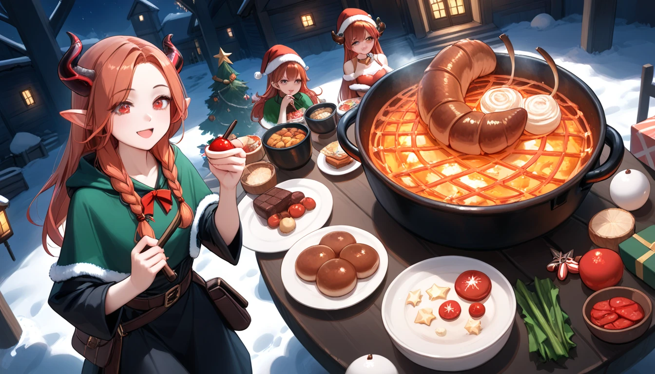 (masterpiece,  best quality :1.2), Christmas Eve， Christmas，Fantasy Art.  Panoramic Wide Angle ,  Food Series  ,  Dungeon Food , Dungeon Foods drooled over time , (1 Girl,Redhead,  long hair, Horns on the head,  red eyes,  red dress ,  She looked at the food on the big table .),  Big Scorpion and Walking Mushroom Hot Pot ,  Boiled Ghost Meat ,  Grilled Water Ghost Meat , Grilled Red Dragon ,苹果派和树妖奶酪， Fried Flower Buds ，Christmas elements