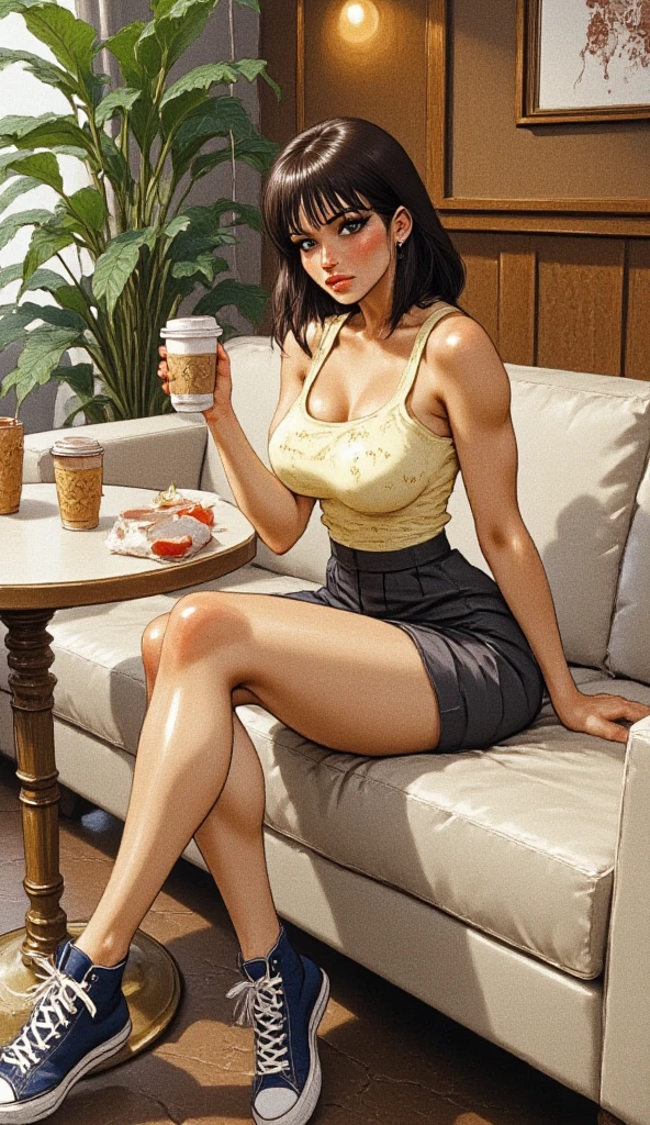 A young woman is seated on a light beige couch, positioned in the mid-frame.  She is wearing a light yellow tank top with a small, repeating design, dark gray pleated mini skirt, and navy blue high-top sneakers.  She is holding a disposable coffee cup.  Her hair is short and dark.  She is looking directly at the camera.  The image is well-lit with natural light, and the colors are muted and pleasant.  The background features a wooden wall and some green plants, creating a casual café atmosphere.  The perspective is at a slightly above-eye level angle, and the composition is relaxed and natural.  The overall style is casual and trendy.
