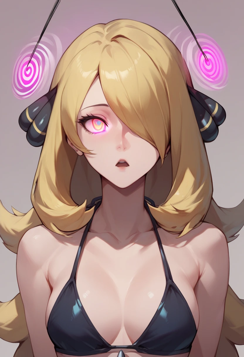 score_9,score_8_up,score_7_up,score_6_up,score_5_up,score_4_up , (hypnosis, mind control), ((empty_eyes)), 1girl, blank stare, open mouth, sultry, swept bangs, bikini, Cynthia (Pokemon)