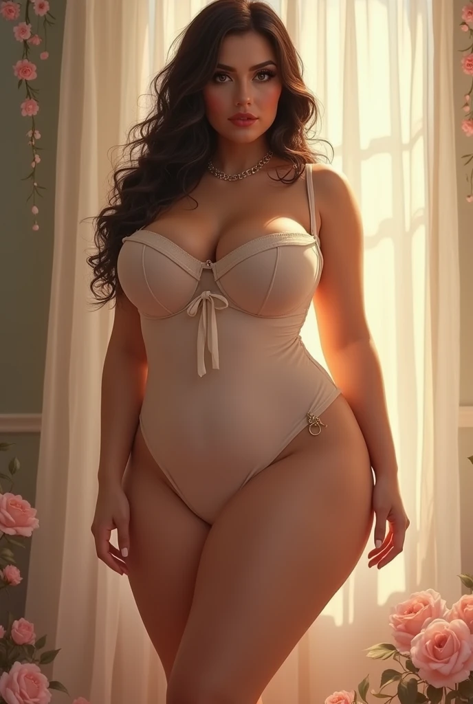 ((Indian milf )),((dusky beauty body)),(( perfect eyes)),((curly medium brunette hair with waves)), standing, ((having perfect Natural round big boobs)),((tall height figure)),((having perfect hourglass figure)),((looking straight to camera)),((Wearing floral white cut neck gown exposing cleavage)), ((Smooth Curvy body)),(((8k quality,realistic high quality)), ((perfect hands)), ((perfect legs)), ((perfect fingers)),((in a simple colour background photoshoot))