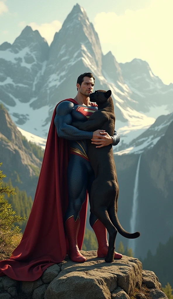 Generate for me a person with super natural powers holding a jamanshaperd dog wearing a suit like of super man with a name snow valley