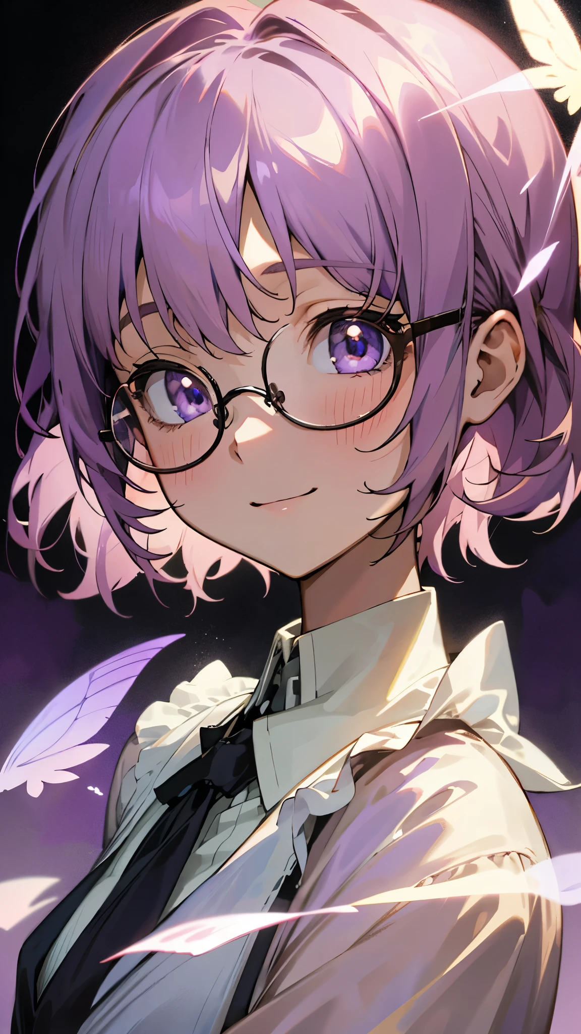 （ top quality、masterpiece、 surreal）、 beautiful light brown hair、Beautiful purple beautiful eyes、 purple shorthair 、Transparent Hair、Translucent hair、smile、 upper body、 Portrait of a Beautiful and Delicate Girl、Playful and cute、Fluttering Petals Background 、Wearing black-rimmed glasses