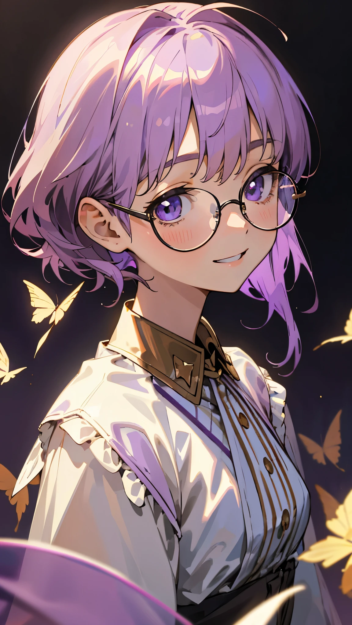 （ top quality、masterpiece、 surreal）、 beautiful light brown hair、Beautiful purple beautiful eyes、 purple shorthair 、Transparent Hair、Translucent hair、smile、 upper body、 Portrait of a Beautiful and Delicate Girl、Playful and cute、Fluttering Petals Background 、Wearing black-rimmed glasses