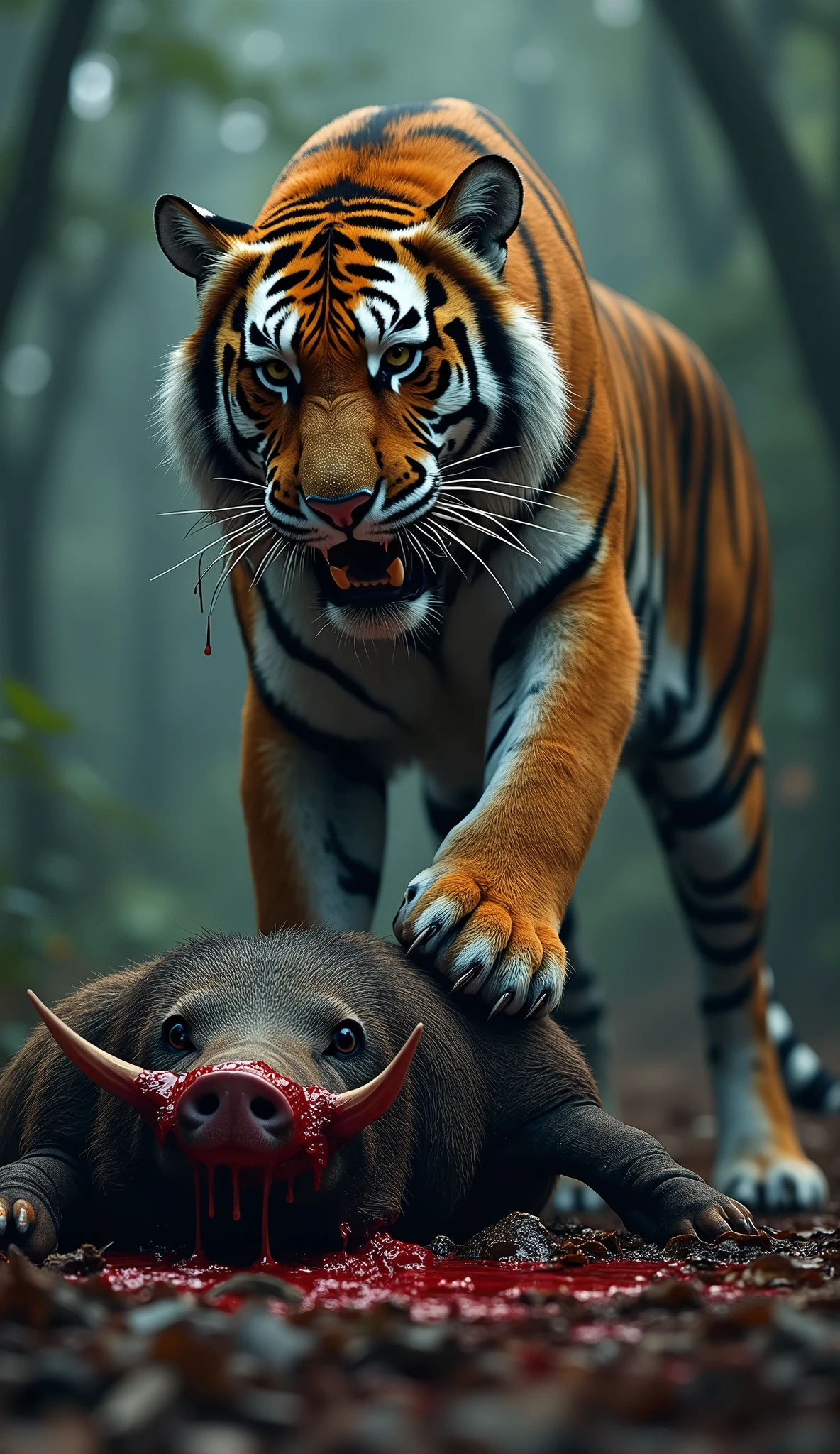 A tiger hunting a wild boar that is more realistically animated, eating it, another one eating it