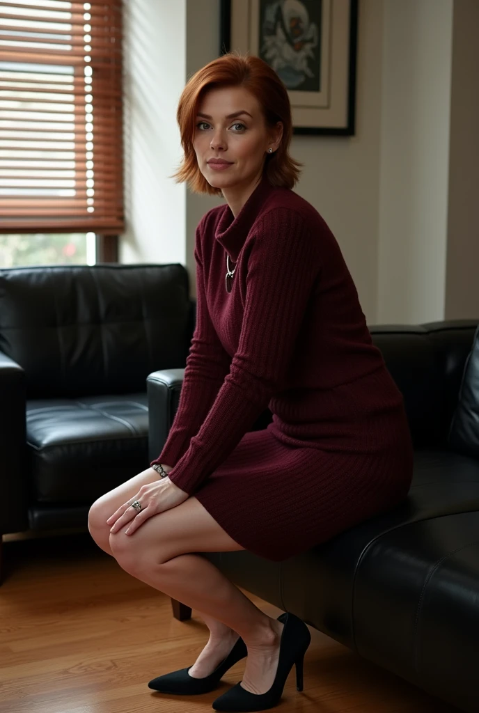 female, 28 years old, redhead, dark dress, sit couch