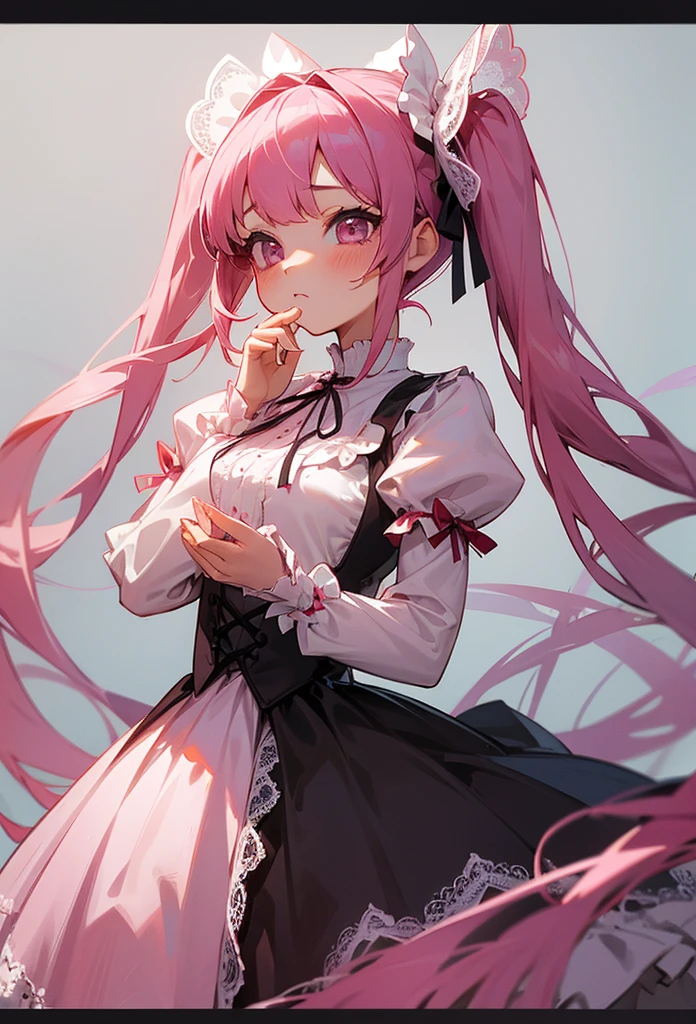 Rock Maid、Black tea、Rock Music、Stylish、Pop music、red and white checked maid outfit、Fishnet tights、Transparent sleeves、Frills、(Sexy chest:1.2) 、Pink Hair、２Three-bun hairstyle、The lining of the dress is pink、Blue Eyes