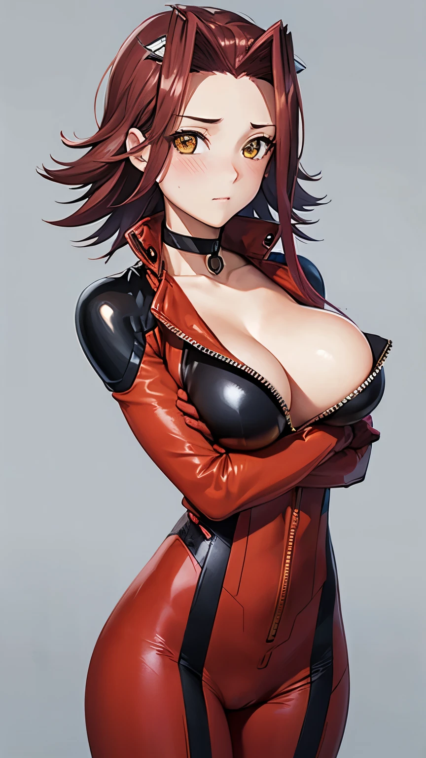 1 Female,High definition,high resolution,Ultra-realistic,8K, aki1, izayoi aki, solo, gloves, unzipping,choker, bikesuit,bodysuit, breasts, yellow eyes,big breasts,European,sexy,Upper body close-up,Photographed from the front,Dynamic Angles,red neon lights,(blush:1.3), nipples ,(show tits),(wide tighs:1.3),(wide hips:1.1),(blush:1.3),upper body 