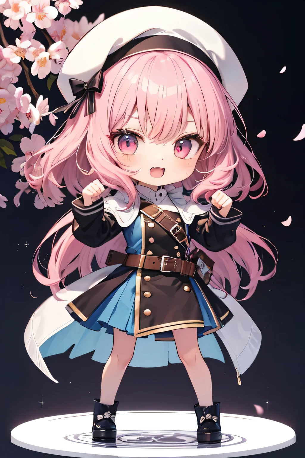 Maid girl without a cheerful headdress ( showing teeth), standing, pink hair color, combat pose, mmorpg background , mmorpg background (A stranger), complete anatomy, graphic effects , ornament of an accessory shaped like a flower on her head, aura, white beret, height 159 cm ( 5 feet 3 inches ), hard fists , caste summoning circle ability Guillotine Fist((kanji)( ragnarok online ), Blue Fire Force +vapor, fire around, strong breeze , sakura petals and leaves, primera persona, blush, looking at the viewer, Charm, Pausa de toque ciego looking at the viewer, anime style very detailed face, 8K, light and shadow effect. masterpiece, The best quality , fullbody, Chibi, , (change:1.2), Nendoroide, PVC models