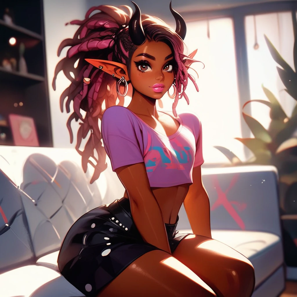 Best quality, highly detailed, ultra detailed, 1 brown skin boy, flat chest, male chest, slim curvy body, long pink dreadlocks, pink dreadlocks, pink eyes, vampire, pointy ears, sharp nails, black lipgloss, goth, black crop top, black mini skirt, fishnets, big butt, balcony, close up