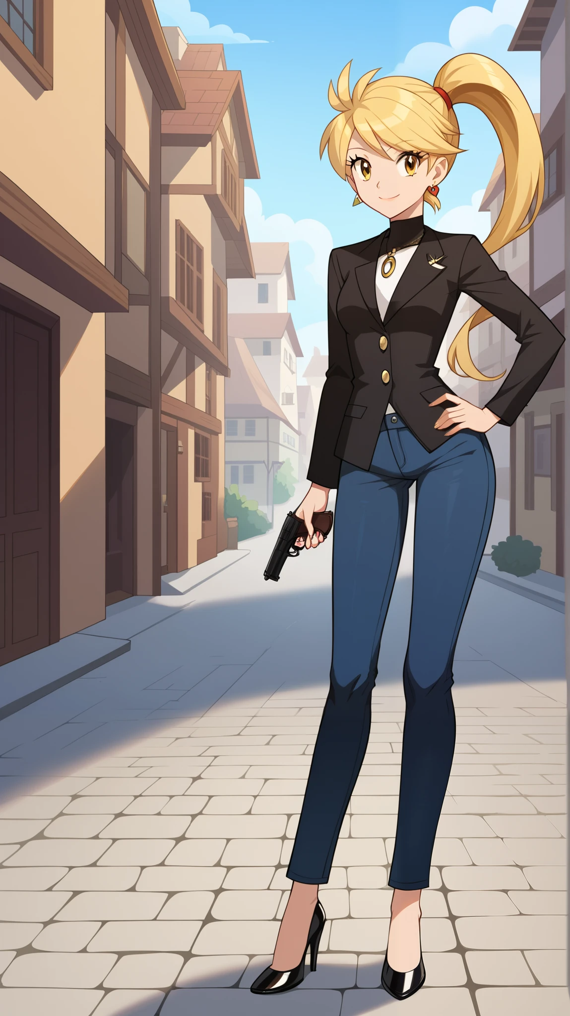 Blonde,  yellow eyes,  ponytail, 1 Female, Age 16,  standing, whole body,  slim figure,  sexy smile,  Seductive Smile , Black suit, Black jeans,  Tall,  black high heels, yellow earrings , Pistol, Place one hand on hip,  score_9,  score_8_Excellent,  score_7_Excellent,  score_6_Excellent,  top quality,  source_Anime,  cell shading ,  flat color, vector,  detailed background, town, Daytime, building,  break 1 girl , Alone, (\ Pokemon\), Outdoor,  watch viewers,