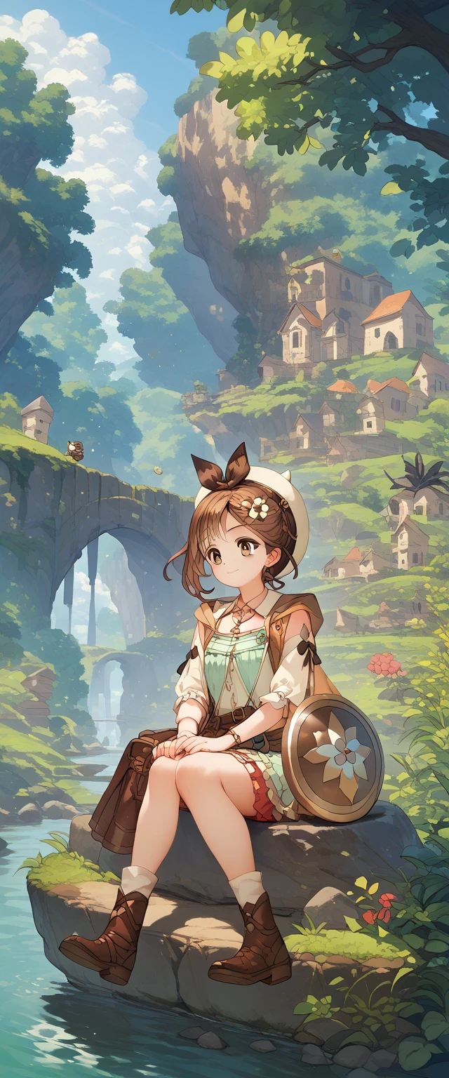 綺麗なgreen空,green々Grassland, wearing hats , brown hair with a large shield, cute,Liza,sitting on a rock