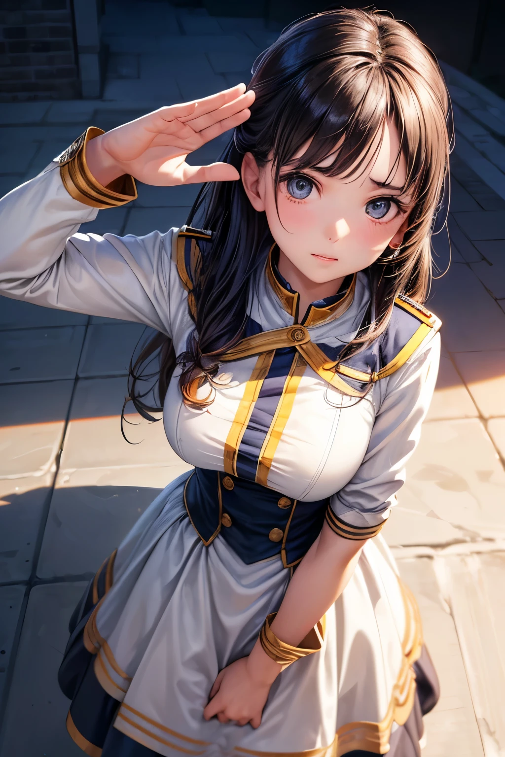 (8k, raw photo, masterpiece, extremely detailed, best quality, professional lighting, high res), BREAK beautiful and adorable girl, salute, BREAK (close up model), (she is looking up the viewer, view from above, front view:1.3), BREAK (she is saluting the viewer, she salutes, she is saluting the viewer with respect, (salute with one hand, she is placing only one hand on the forehead:1.2), she is placing one hand on the forehead and keeping the other hand straight by her side, she is saluting while standing straight:1.5)