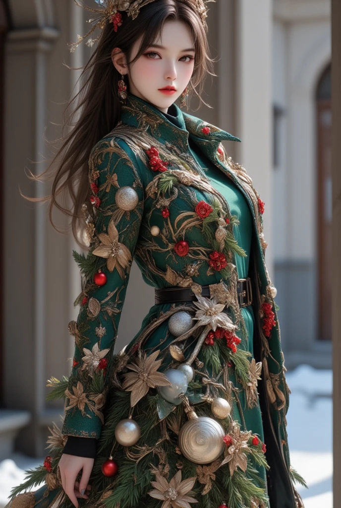 cool beauty wearing Christmas tree long coat with gorgeous Christmas decorations, like a fashion model, ultra detailed, absolutely resolution, masterpiece