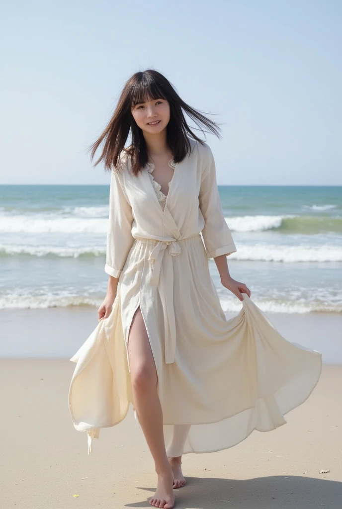   low angle shot  、  forward leaning position、  open shirt  、No underwear clothes  、  skirt flips in strong wind、  one girl 、barefoot、  beach  、smile