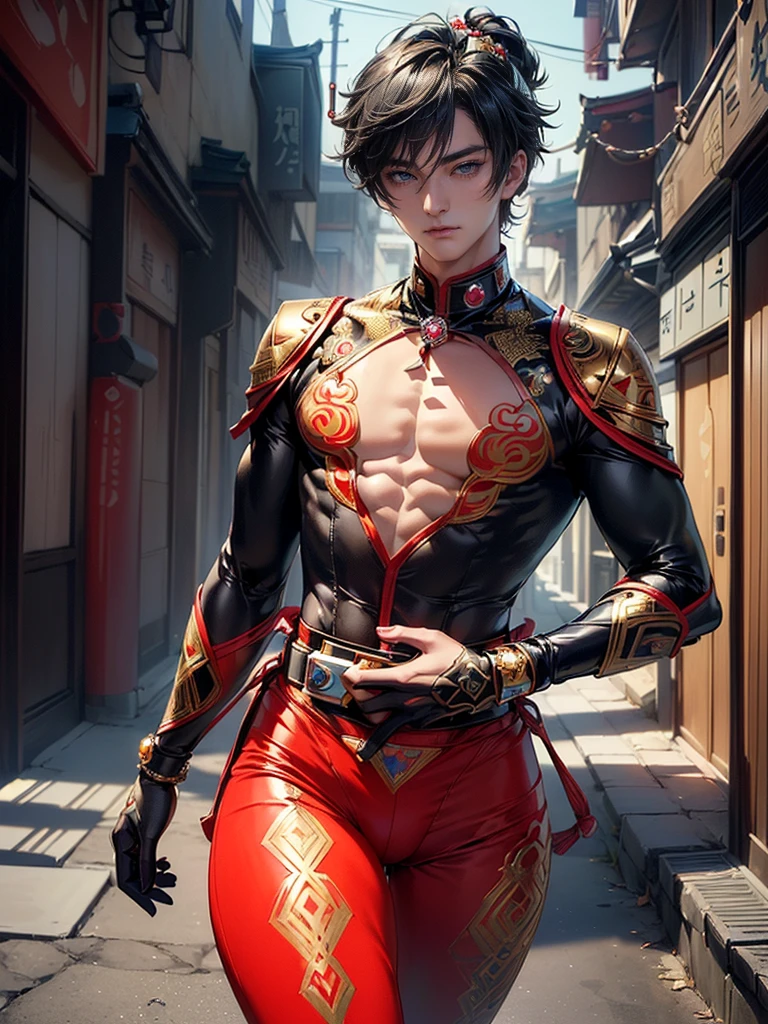 (masterpiece,best quality,ultra_detailed,highres,absurdres), (detailed shadow), (quality light), 1 (young_male:1.9) (korean_courtesan_super_sentai_male:1.6) (with bulge:1.6), 15-ish, (muscleale focus), (solo:1.7), short black Quiff hair with Soft Fringe (bangs part on side 3:7 ratio), blue_eyes (detailed eyes), androgynous young beautiful pretty cute elegant (korean_courtesan_super_sentai) (in modern_luxury_jeweled_ornamented_patterned_colored_courtesan_super_sentai_male_bodysuit:1.9) is (walking on modern_luxury_korean_alley:1.8), (eyelashes), (thigh_gap), pectorals, (wide_flat_chest, wide_shoulders:1.9), (big_wide_hips, big_wide_pelvis:1.8), (warm_smile:1.2), (thin_waist, dented_waist, waist_narrower_and_thinner_than_neck:1.8), (en_face, side_view:1.1), (swayback, curvy_waist, arched_back), short hair, looking at viewer, parted lips, ((PERFECT_FACE)), ((finely_detailed_beautiful_eyes_and_detailed_face)), (best_illumination, best_shadow, an_extremely_delicate_and_beautiful)