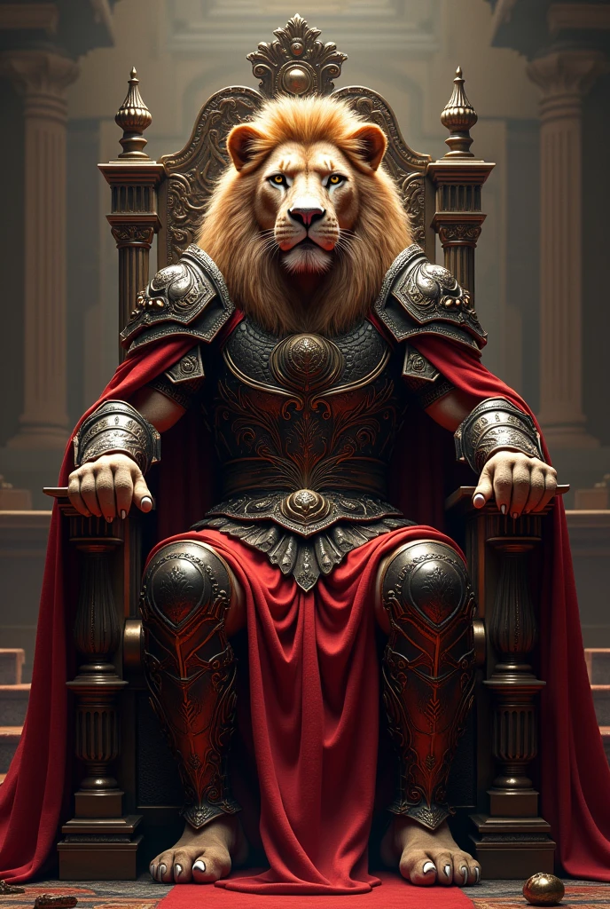 A lion fresh from battle sits majestically upon his iron-wrought throne, his mane splattered with blood and dust from battle. With a fierce and tired look, his sword rests at his side, a silent witness of the feline's boldness and bravery. The throne room is illuminated by the dim light of the torches, creating dancing shadows that enhance its imposing presence. The lion exhales forcefully, showing scars from ancient feuds. In his gaze is reflected the determination of a true king, ready to claim his place in the kingdom.