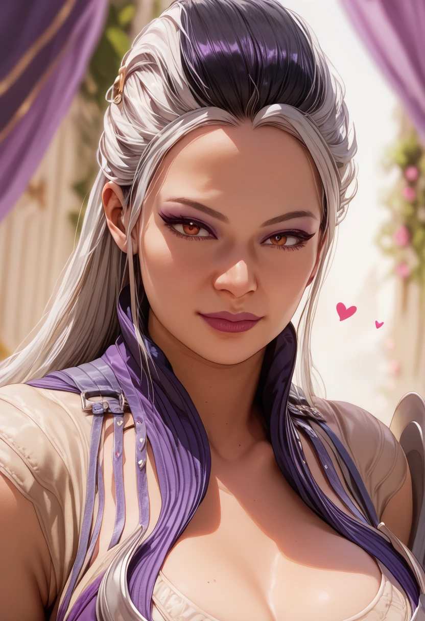  Woman,age 30, mature woman,Sindel ((masterpiece)),(((best quality))),((Full illustration front to back side to side views,anime art,she is love with hearts, shown in different poses with weapons, looking at the viewer