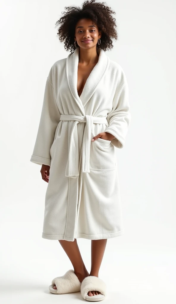 22 year old girl with blonde hair tied in a ponytail, blue eyes, full body dressed in a white short mini robe