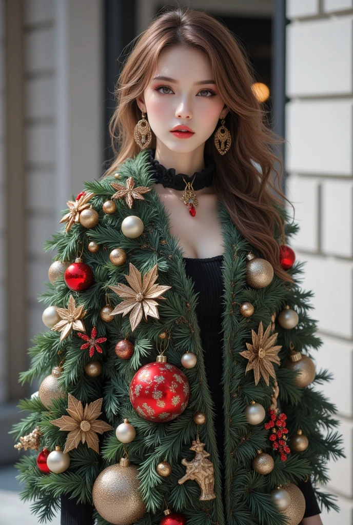 cool beauty wearing Christmas tree long coat with gorgeous Christmas decorations, like a fashion model, ultra detailed, absolutely resolution, masterpiece