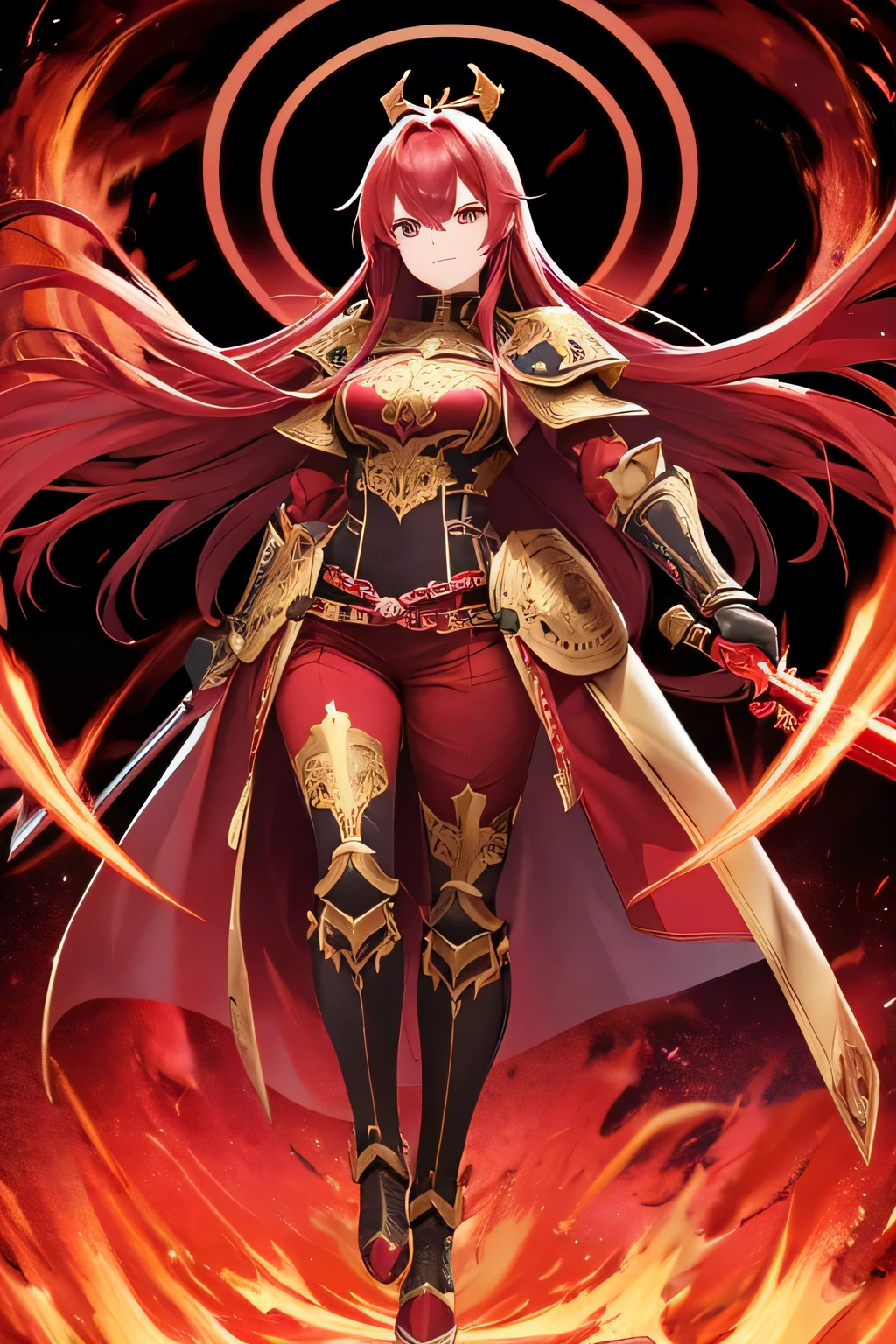 Digital Anime Art, HD, High Quality, Medieval, Woman, Long Red Hair, eyes with purple sclera, black spiral pupils, ominous red aura, red heavy armor top with gold engravings, red heavy armor pants with gold engravings, red bracers with gold engravings, red armor boots with gold engravings, red cape with a golden rabbit symbol on it, sword with a glowing red blade, distorted medieval city, multiple ominous red ethereal arms coming from her back, red crown, blood moon, facing viewer