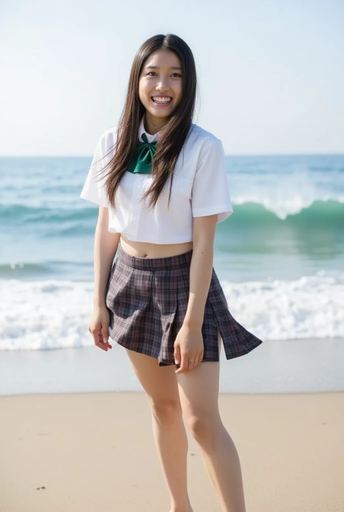   low angle shot  、  forward leaning position、  open shirt  、No underwear clothes  、  skirt flips in strong wind、  one girl 、barefoot、  beach  、smile