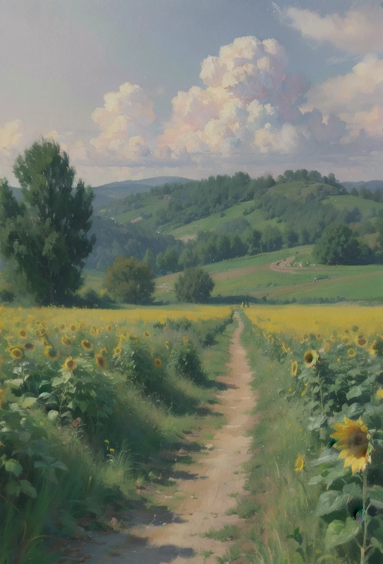  Sunflower field, 中国北方 Pastoral scenery ,  Dirt roads , Trees,   beautiful scenery  , Soft watercolor painting , (  better quality ,4K,8K, high resolution , masterpiece :1.2),  Ultra HD ,( actual ,photo actual ,photo- actual :1.37),outdoor,Sereno,comfortable,peaceful, Pastoral scenery ,Golden Hour,  soft light  ,Silent color ,Warm colors,natural,atmospheric