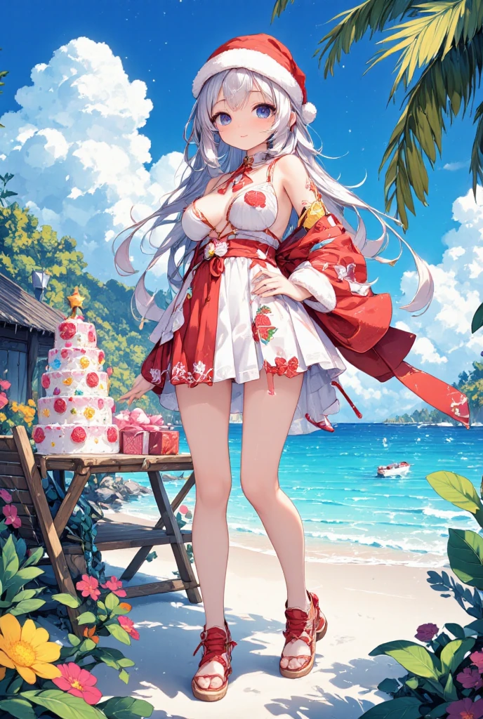 Midsummer Christmas illustration, beautiful girl wearing Christmas outfit with short sleeves and mini skirt, Santa hat, red bikini, on a beach in the crystal clear waters of Micronesia, small Christmas tree and cake on a table next to a sun bed, smiling, Christmas decorations, flowers.