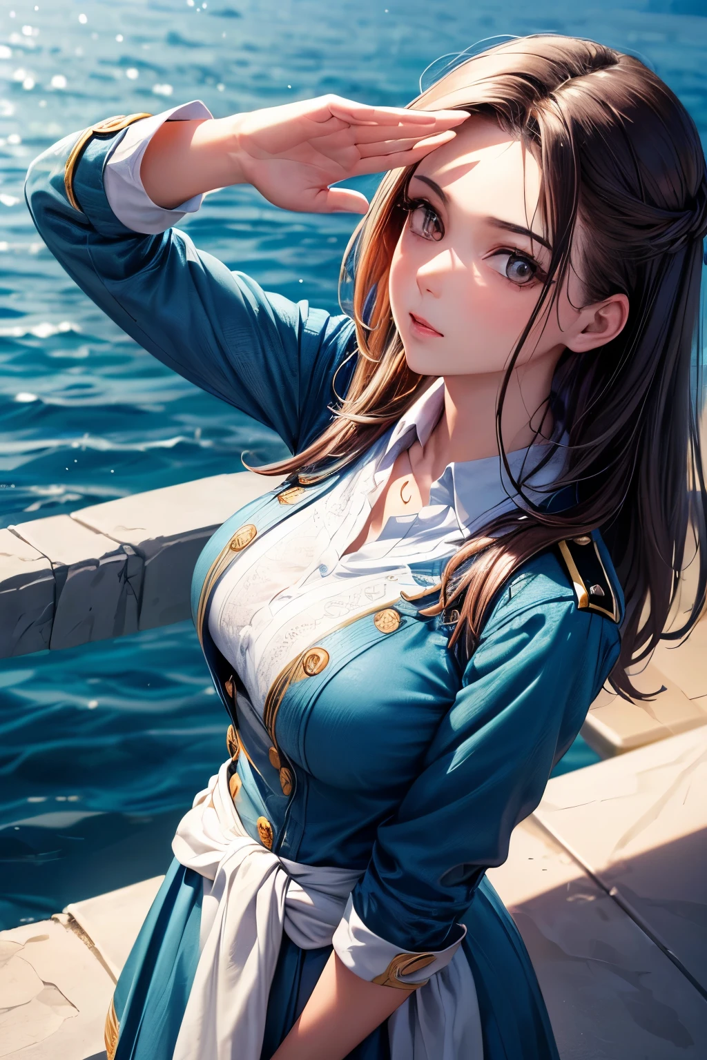 (8k, raw photo, masterpiece, extremely detailed, best quality, professional lighting, high res), BREAK beautiful and adorable girl, salute, BREAK (close up model), (she is looking up the viewer, view from above, front view:1.3), BREAK (she is saluting the viewer, she salutes, she is saluting the viewer with respect, (salute with one hand, she is placing only one hand on the forehead), she is placing one hand on the forehead and keeping the other hand straight by side of her waist, she is saluting while standing straight:1.5)