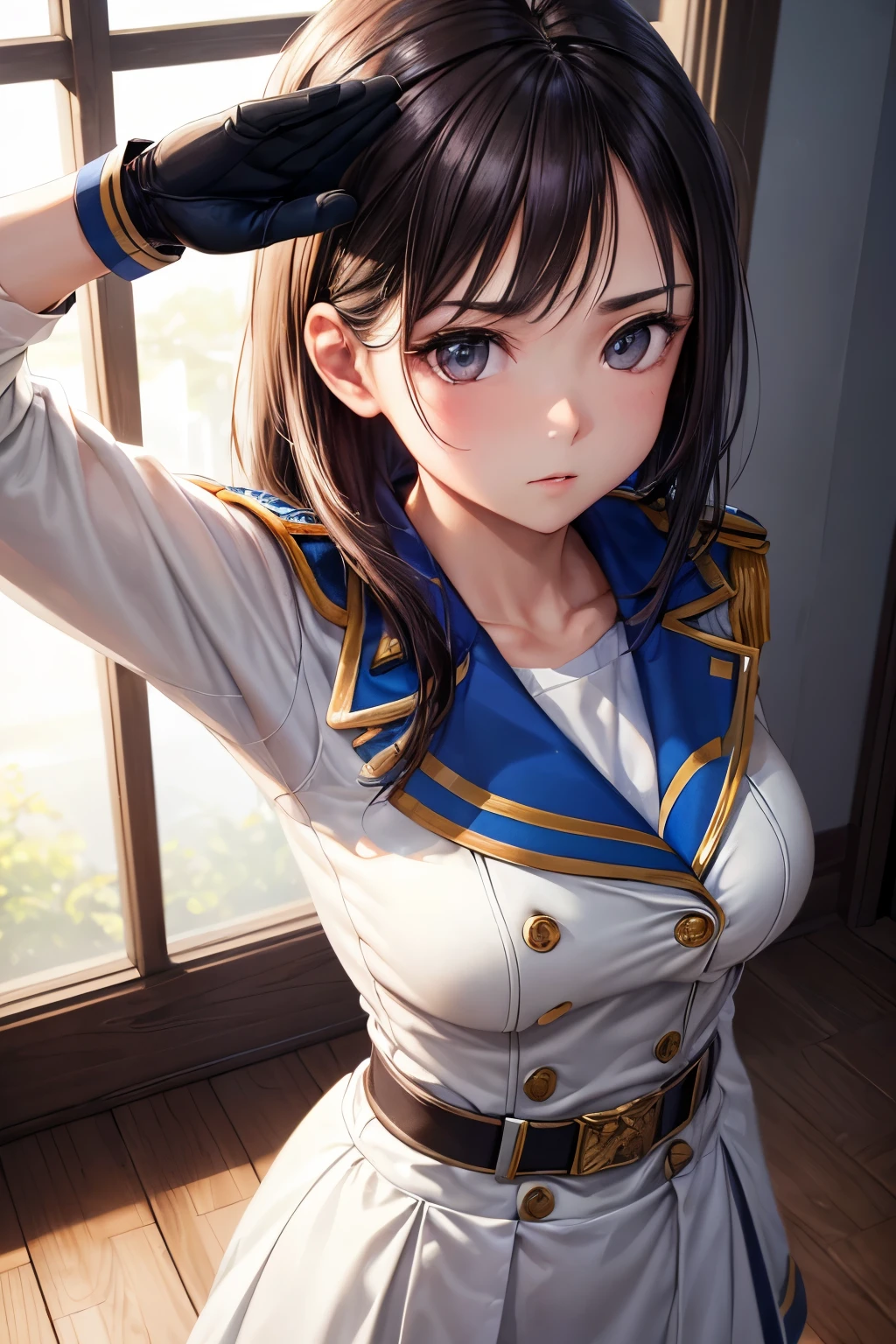 (8k, raw photo, masterpiece, extremely detailed, best quality, professional lighting, high res), BREAK beautiful and adorable girl, salute, BREAK (close up model), (she is looking up the viewer, view from above, front view:1.3), BREAK (she is saluting the viewer, she salutes, she is saluting the viewer with respect, (salute with one hand, she is placing only one hand on the forehead), she is placing one hand on the forehead and keeping the other hand straight by side of her waist, she is saluting while standing straight:1.5)