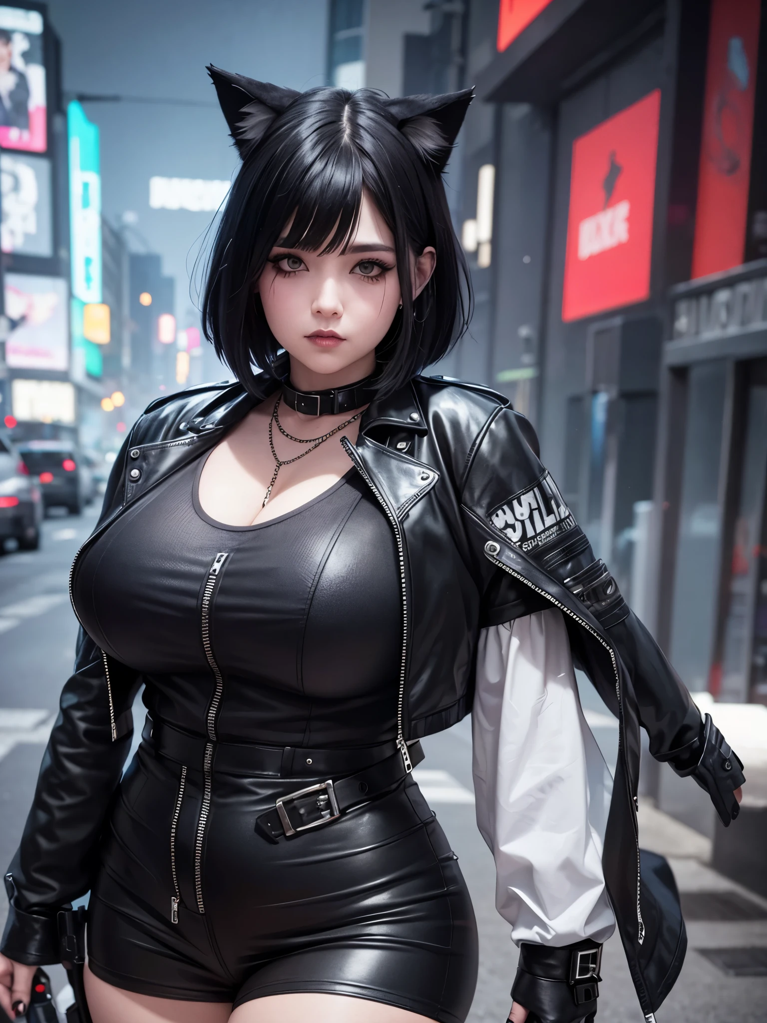 tmasterpiece,quality,Best quality,offcial art,(Beauty and aesthetics:1.2),(tmasterpiece:1.3),The cities of the future,cyber punk personage,one-girl,Fur coat,did not wear underwear,Sexy figure,looking at the camera in,(closeup cleavage:1.8),volume fog,snow cover,nevando,theatrical