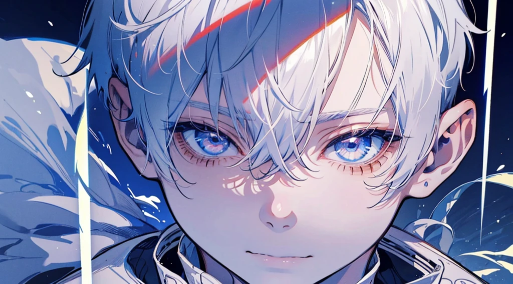 male, . one male . short_hair. alone. short_hair. Illustration,  anime art style. . . White short hair. .   lifeless eyes .  pale and thin body . Depressed male. wearing a white . Gloomy look. epistaxis,  Seductive smile, Evil, 