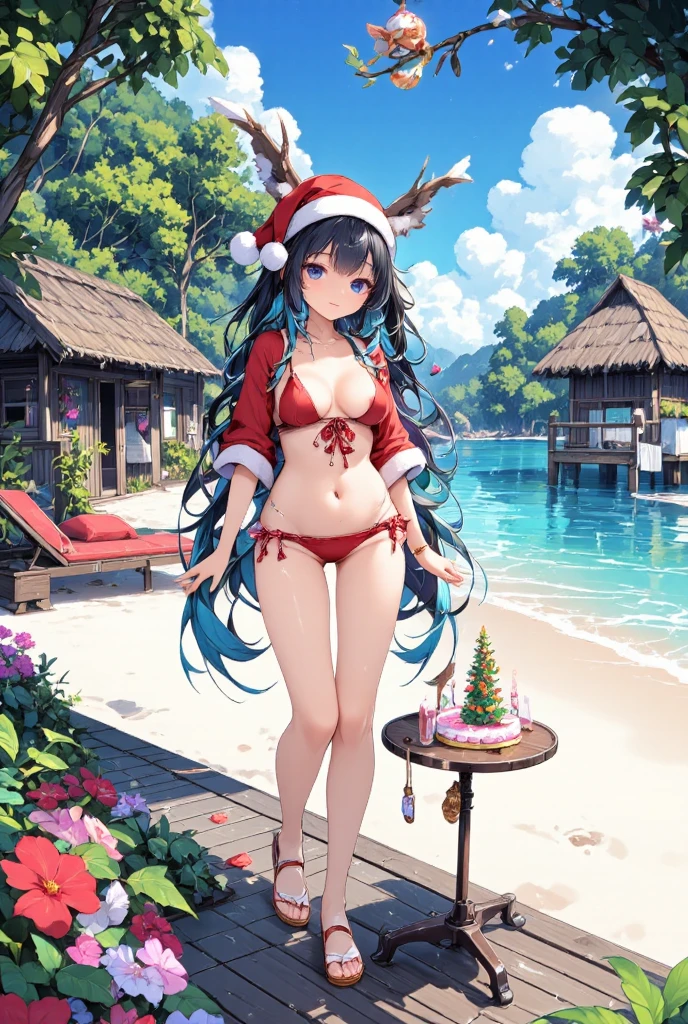 Midsummer Christmas illustration, beautiful girl wearing Christmas outfit with short sleeves and mini skirt, Santa hat, red bikini, on a beach in the crystal clear waters of Micronesia, small Christmas tree and cake on a table next to a sun bed, smiling, Christmas decorations, flowers.