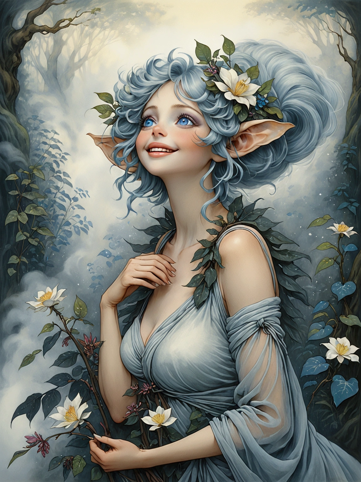 A forest nymph made from dense fog, surrounded by mist and lush vegetation. Large thick lips. Huge blue eyes. Elephantine ears. Look of ecstatic joy. joyful pose. In the style of Brian Froud
