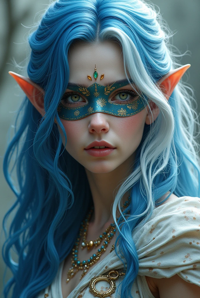 A close-up portrait of an ethereal figure in a fantasy-inspired outfit with a flowing gown or cloak and a mask resembling delicate butterfly wings. The setting is a magical, enchanted ballroom with floating lights and whimsical decorations.