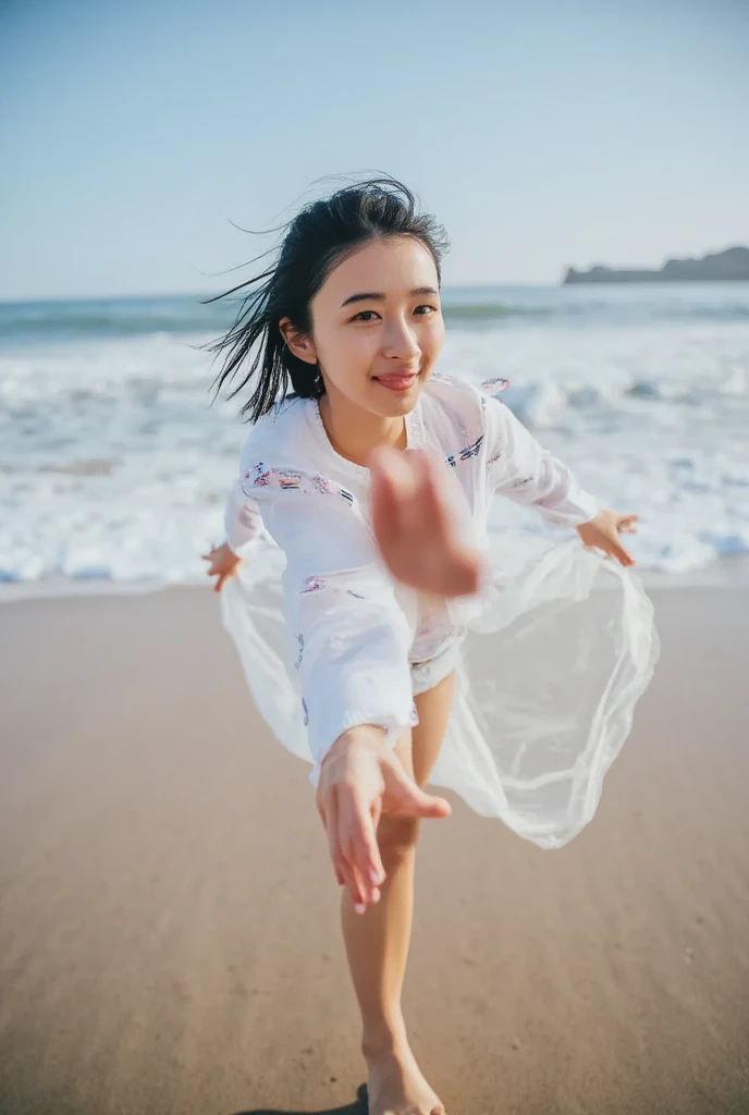   low angle shot  、  forward leaning position、  open shirt  、No underwear clothes  、  skirt flips in strong wind、  one girl 、barefoot、  beach  、smile