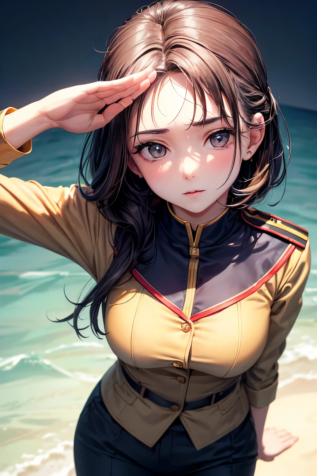 (8k, raw photo, masterpiece, extremely detailed, best quality, professional lighting, high res), BREAK beautiful and adorable girl, salute, BREAK (close up model), (she is looking up the viewer, view from above, front view:1.3), BREAK (she is saluting the viewer, she salutes, she is saluting the viewer with respect, (salute with one hand, she is placing only one hand on the forehead:1.3), she is placing one hand on the forehead and keeping the other hand straight by side of her waist, she is saluting while standing straight:1.5)