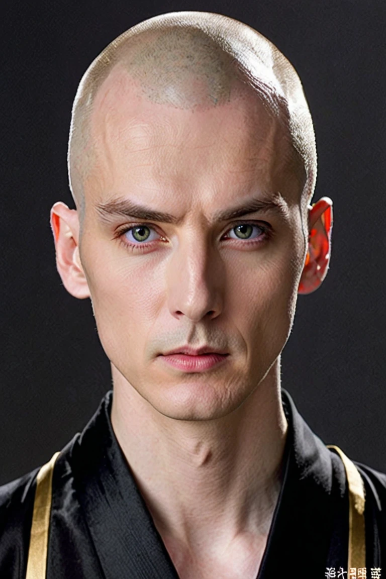 Single,  A Man, golden eye, no hair、
Vertical pupils, White skin, Black Robe, Raise eyebrows, Gradient eye color, contempt, no smile