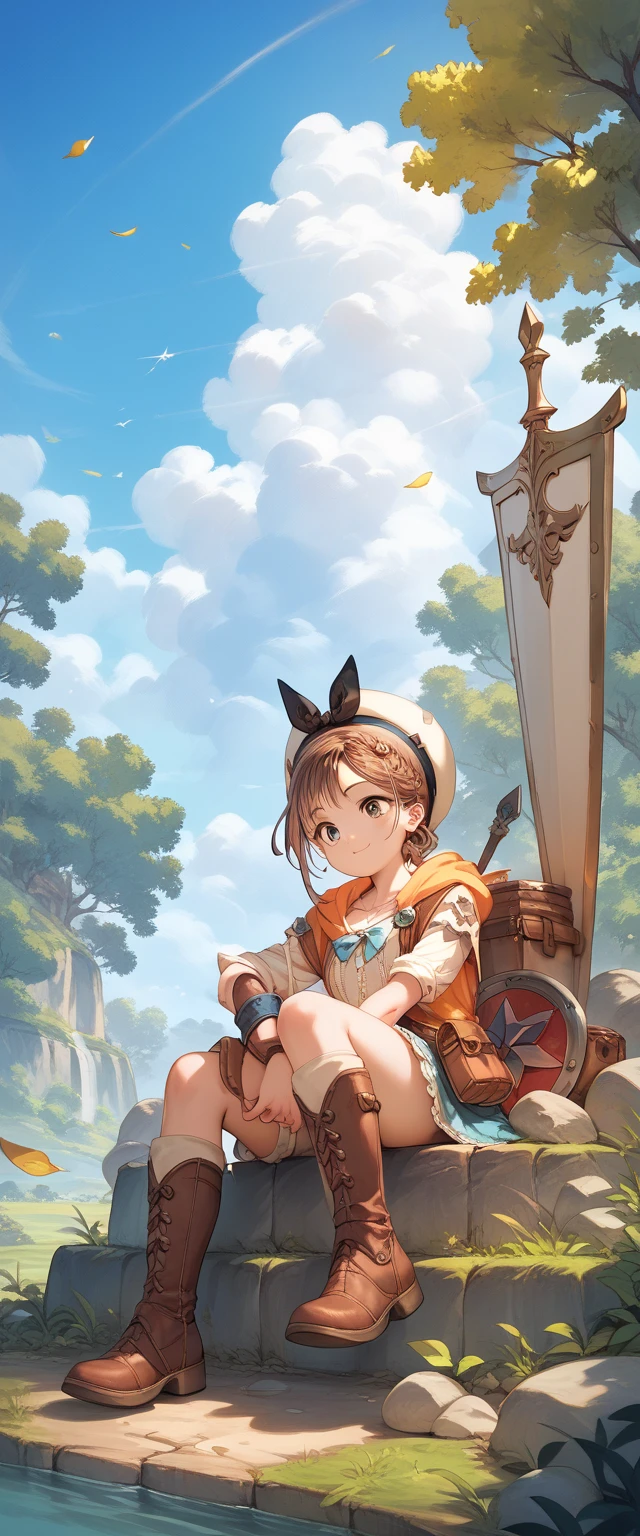 Beautiful blue sky,Spreading grassland, wearing hats , brown hair with a large shield, cute,Liza,sitting on a rock