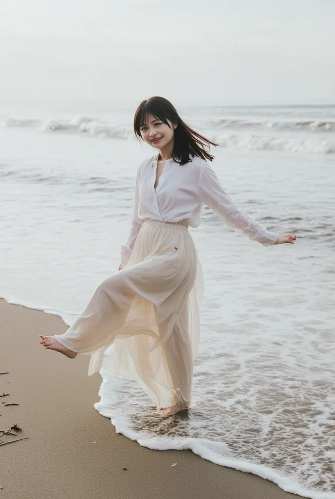   low angle shot  、  forward leaning position、  open shirt  、No underwear clothes  、  skirt flips in strong wind、  one girl 、barefoot、  beach  、smile