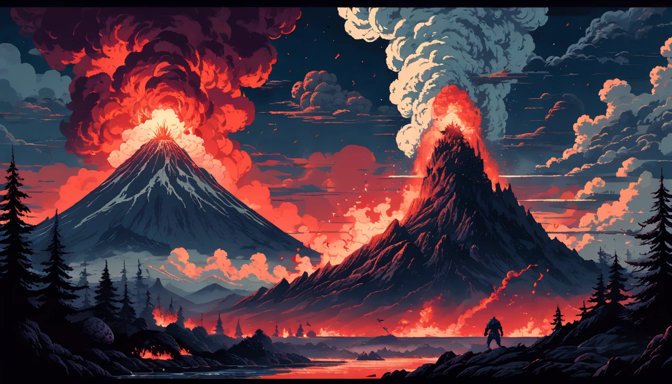 (Best quality,4K,8K,A high resolution,Masterpiece:1.2)，Radioactive contamination and volcanic eruptions，Smoke billowed out，fusion of Godzilla with Rabbit stands next to the volcano，Wrapped in smoke，Only the head leaked，The eyes shone blue，,creating a surreal ambiance. Bask in a volcanic eruption in moonlight， Cast an eerie glow on the smoke hovering in the air.pixelart