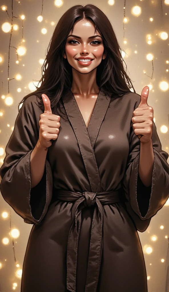 A young woman, centered in the frame, is wearing a dark brown, loose-fitting robe. She's giving a thumbs-up with both hands, positioned slightly upward and outward. Her expression is joyful, with her eyes closed and her lips pursed in a soft, happy expression.  The backdrop is out of focus, featuring a soft, warm, yellowish-white light from a string of lights, creating a bokeh effect. The lighting is soft and diffused, emphasizing the woman's face and posture.  The woman is light-skinned with dark brown hair. The overall style is casual and friendly. The photo is well-lit and the colors are muted without being dull. The composition draws attention to the woman and her gesture.
