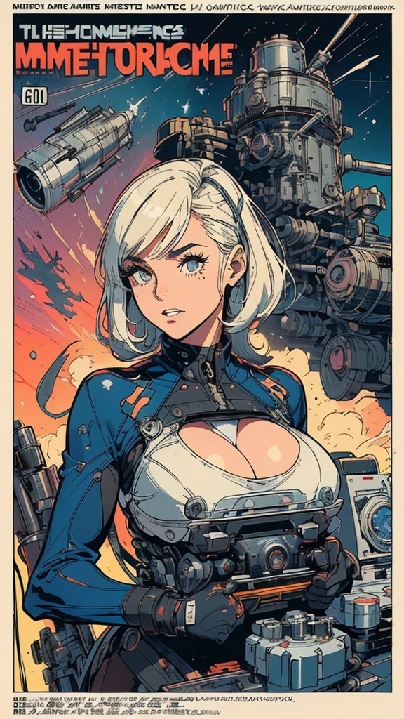 (((Marine Blue Suit))), (((white hair bob haircut))), (((devilish smile))), (((melhor qualidade: 1.4))), (((full metal))), (((DuneWalker))), (((post-apocalypse))), (Unbeatable masterpiece), (hiper HD),(CG 8k hiper-realista), 1Garota armada em um mundo futurista usando roupas coloridas e modernas. Corte de cabelo ultra moderno, perfect body with robotic parts, seios grandes, bunda perfeita, muscles without exaggeration, rosto lindo com olhos azuis penetrantes, add textures to clothes and create something different from the usual, add accessories like garter belt, espartilho e luvas com listras, pele bronzeada e com brilho de molhado, industrial environment with giant heavy machines, Intricate machinery and giant robot parts